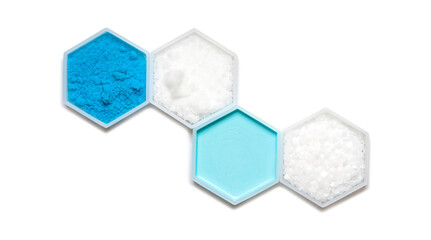 Chemical ingredient in hexagonal molecular shaped container. Copper (II) Sulfate, Sodium Hydroxide...