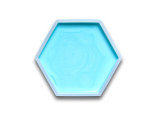 Hair Conditioner Liquid in hexagonal molecular shaped container on white background.