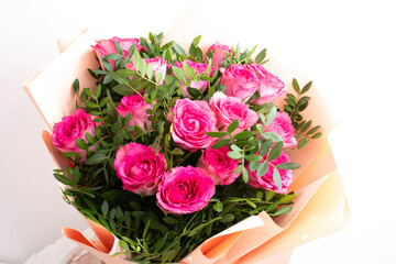 Fototapeta na wymiar a beautiful bouquet of pink roses. Birthday Flowers