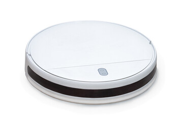Isolated white modern robot vacuum cleaner. Modern technology at housework at home