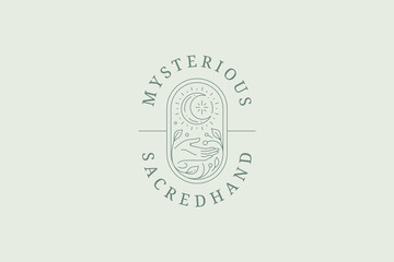 Fototapeta premium Sacred medieval human hand with shining half moon at decorative blossom frame line art logo vector