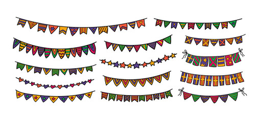 Fototapeta premium Colorful flag garlands festoon doodle illustration. Holiday festive flag buntings, birthday decor elements, carnival fiesta time. Fun and happy bright celebration. Cartoon style hand drawn vector.