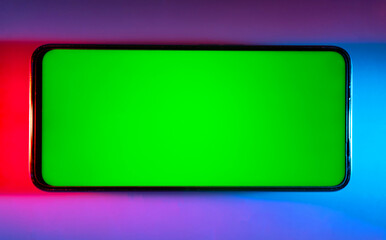 Mobile phone with advertising area, workspace mock up. Touch screen of modern smartphone with template place for your text or image, promotional content. Close up.