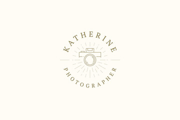 Minimalist vintage photo camera line art glare illuminated circle place for text logo vector