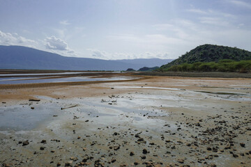 Scenic view of Lake Natron on a sunny day in rural Tanzania