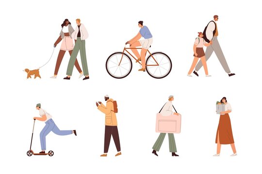 People Citizens Going, Riding Bicycles, Walking With Dog On Street. Different Men, Women, Child Outdoors. Happy Males And Females Strolling Set. Flat Vector Illustration Isolated On White Background