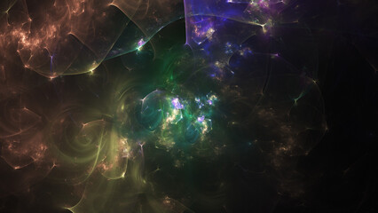 Abstract blue and green shiny shapes. Fantastic space background. Digital fractal art. 3d rendering.