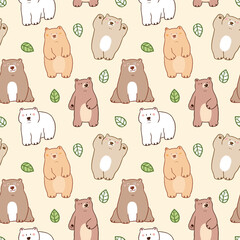 Seamless Pattern with Cartoon Bear and Leaf Design on Light Yellow Background