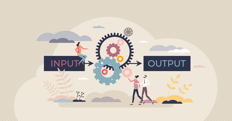 Algorithm data input and output process visualization tiny person concept. Programming and coding set of rules for website automation and information management vector illustration. Computer analysis. - obrazy, fototapety, plakaty