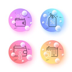 Discount tags, Wallet money and Discounts calendar minimal line icons. 3d spheres or balls buttons. Wallet icons. For web, application, printing. Sale, Coins, Sale month. Money budget. Vector