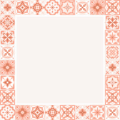 Majolica tiles square frame. Italian patchwork ornaments, motifs, azulejos border, talavera. Template for wedding invitations, picture decor. Vector illustration, background in pink colors.