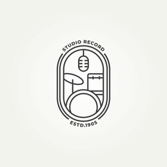 minimalist studio record badge line art icon logo template vector illustration design. simple music studio with mic and drum kit tool emblem logo concept