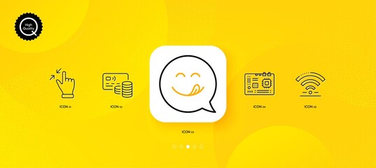 Fototapeta na wymiar Touchscreen gesture, Card and Wifi minimal line icons. Yellow abstract background. Motherboard, Yummy smile icons. For web, application, printing. Zoom out, Bank payment, Wireless internet. Vector