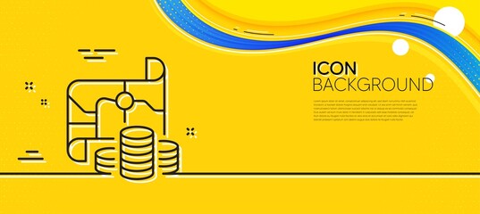 Naklejka na ściany i meble Treasure map line icon. Abstract yellow background. Investment goal sign. Money coins symbol. Minimal treasure map line icon. Wave banner concept. Vector