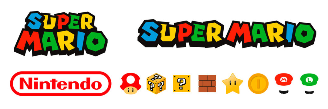 Super Mario, best arcade game. Nintendo logo. Elements of the game: Mushroom, question box, brick box, super star, coin, hat Mario and hat Luigi. Vector editorail