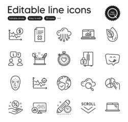 Set of Technology outline icons. Contains icons as World insurance, Loan percent and Scroll down elements. Pie chart, Refrigerator, Dollar rate web signs. Cloud computing. Vector