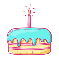 Cartoon birthday cake with icing and candle, vector isolated doodle illustration.