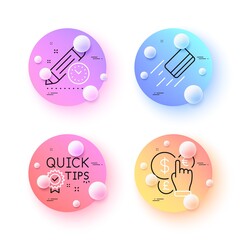 Quick tips, Project deadline and Money currency minimal line icons. 3d spheres or balls buttons. Credit card icons. For web, application, printing. Vector