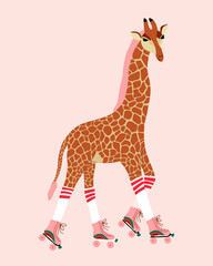 Cute giraffe on roller skates. African animal with spots. Hand drawn vector illustration. Retro style background for card, t-shirt, banners and other.