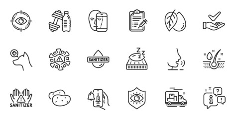 Outline set of Hand sanitizer, Potato and Eye target line icons for web application. Talk, information, delivery truck outline icon. Vector