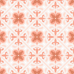 Tile pattern, ceramic mosaic print. Italian sicily majolica, Mexican talavera, Moroccan motifs vector background. Patchwork ornaments. Portuguese azulejos in pink pastel colors. Seamless illustration.