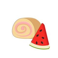 Watermelon fruit flavored cake roll with cream, high calorie delicious sweet dessert, vector illustration style, isolated on white background