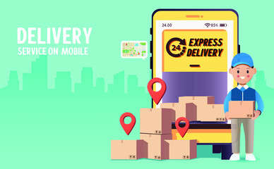 The delivery man delivers the box. a smartphone with a mobile app 