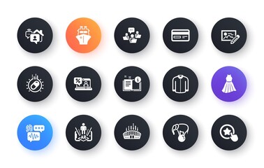 Minimal set of Dress, Arena stadium and Photo edit flat icons for web development. Credit card, Capsule pill, Online loan icons. Elephant on ball, Augmented reality, Work home web elements. Vector