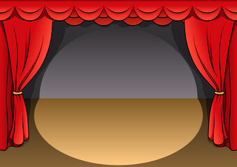 A Fabric Theater Curtain with Stage - Colored Cartoon Illustration as Background, Vector