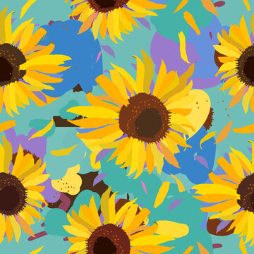 Sunflowers vector drawing. Colorful seamless pattern with yellow petals
