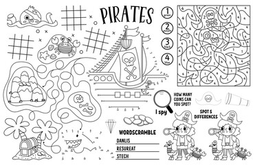 Fototapeta Vector pirate placemat for kids. Treasure hunt printable activity mat with maze, tic tac toe charts, connect the dots, find difference. Sea adventure black and white play mat or coloring page. obraz