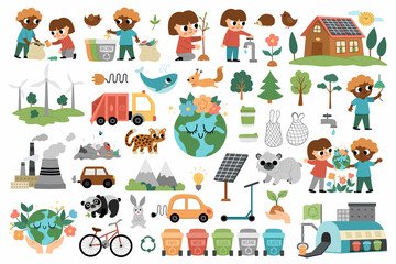 Obraz na płótnie Canvas Vector ecological set for kids. Earth day collection with cute children, planet, waste recycling concept. Environment friendly pack with alternative energy, solar panels, endangered animals.