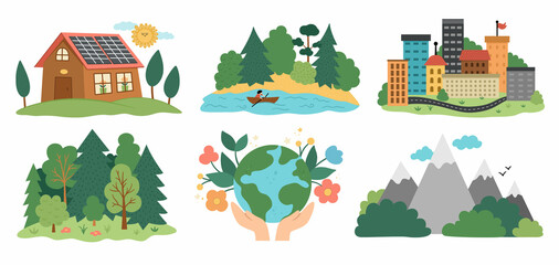 Vector ecological nature set. Environment friendly concept with forest, mountain, river landscape. Eco city and house illustration. Cute earth day collection with outdoor scenes .