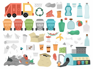 Waste recycling and sorting collection. Vector ecological set for kids. Earth day illustration with rubbish bins, plastic, glass, organic, garbage, recycle plant, truck. Environment friendly pack.