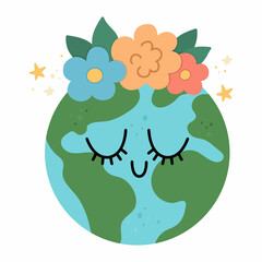 Vector earth for kids. Earth day illustration with cute kawaii smiling planet with closed eyes. Environment friendly icon with globe and flowers on top. Ecological concept.