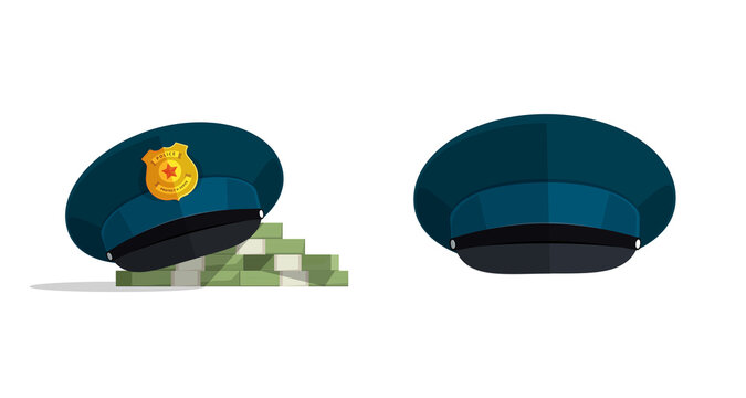 Corruption bribery concept vector or money security guard with police cop officer hat isolated flat cartoon image illustration, idea of penalty cash arrest or criminal fine, law finance crime graphic
