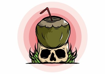 Coconut drink on human skull illustration