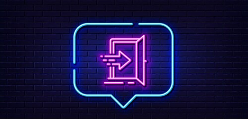 Neon light speech bubble. Entrance line icon. Entry door sign. Building exit symbol. Neon light background. Entrance glow line. Brick wall banner. Vector