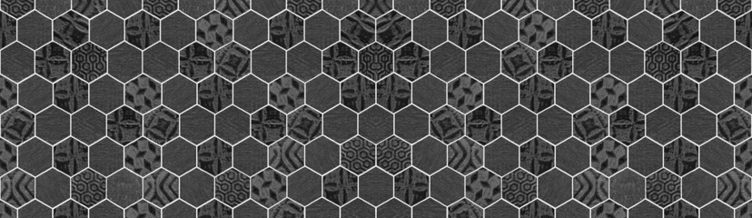 Abstract black anthracite gray grey seamless concrete cement stone mosaic tiles, tile mirror wall made of hexagonal geometric hexagon motif print texture background banner panorama..