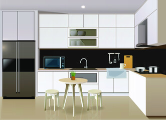 Interior of Modern kitchen with furniture and appliances
