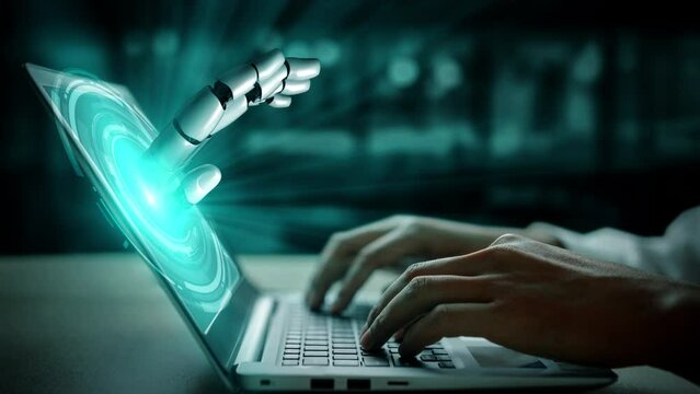 Futuristic robot artificial intelligence enlightening AI technology development and machine learning concept. Global robotic bionic science research for future of human life. 3D rendering graphic.