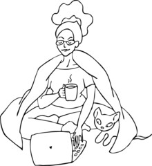 Woman with coffee cup and cat pet works remote at laptop. Freelance job from comfortable home office with blanket and pillow. Hand drawn black line vector illustration. Comic cartoon drawing.
