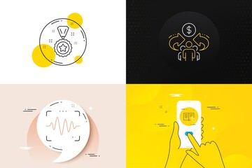 Minimal set of Winner reward, Sharing economy and Voice wave line icons. Phone screen, Quote banners. Read instruction icons. For web development. Best award, Share, Sound access. Opened book. Vector