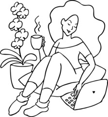 Woman working remote at laptop. Freelance job from home office. Hand drawn vector illustration. Simple black line drawing.