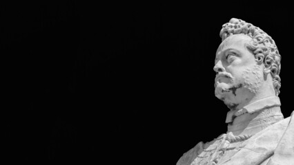 Ferdinando I Medici, Grand Duke of Tuscany. A marble statue erected in 1594 in the historical center of Pisa (Black and White with copy space)