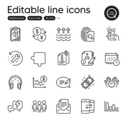 Set of Education outline icons. Contains icons as Music phone, Group and Mail correspondence elements. Algorithm, Calendar, Puzzle web signs. Inspect, Payment, Message elements. Vector