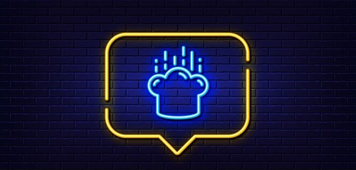 Neon light speech bubble. Cooking hat line icon. Chef sign. Food preparation symbol. Neon light background. Cooking hat glow line. Brick wall banner. Vector