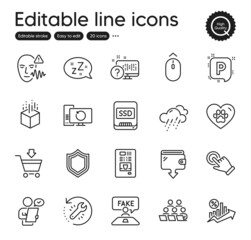 Set of Business outline icons. Contains icons as Swipe up, Augmented reality and Rainy weather elements. Teamwork, Security, Fake review web signs. Pets care, Sleep, Voice wave elements. Vector