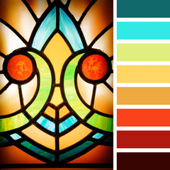 Stained glass detail n a colour palette with complimentary colour swatches in bright 
 tones. 