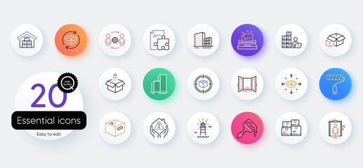 Simple set of Wholesale goods, Lighthouse and Parcel delivery line icons. Include Parcel tracking, Office box, Buildings icons. Skyscraper buildings, Engineering team, Brush web elements. Vector